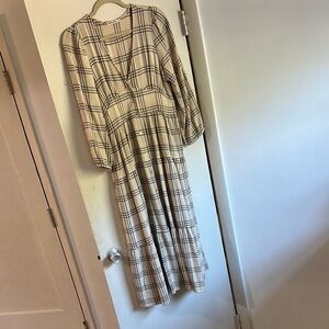Marine Layer Beige Plaid Long Sleeve Dress
